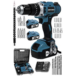 Germany Technology Darbeli 13mm 58 V 5 Ah Çift Xr Akülü Şarjlı Vidalama Matkap Darkblue+ Set