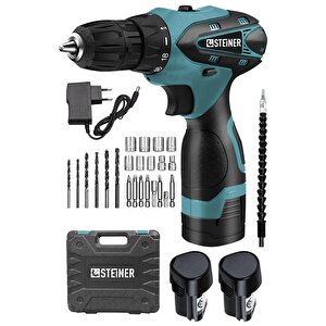Germany Technology 32 V Darbesiz Metal Şanzıman Çift Akülü Şarjlı Vidalama Matkap Mavi + Set