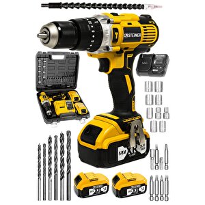 Germany Technology Darbeli 13mm 58 V 5 Ah Çift Xr Akülü Şarjlı Vidalama Matkap Sarı + Set