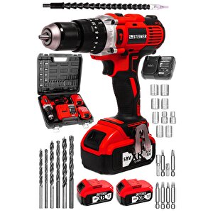 Germany Technology Darbeli 13mm 58 V 5 Ah Çift Xr Akülü Şarjlı Vidalama Matkap Kırmızı + Set