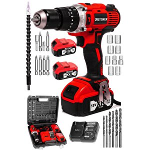 Germany Technology Darbeli 13mm 58 V 5 Ah Çift Xr Akülü Şarjlı Vidalama Matkap Kırmızı + Set