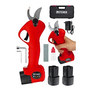 Alman 128 Vf 10 Ah Kömürsüz Motor Akülü Bağ Makası Dal Budama Kesme Makası Makinesi Çantalı Kırmızı