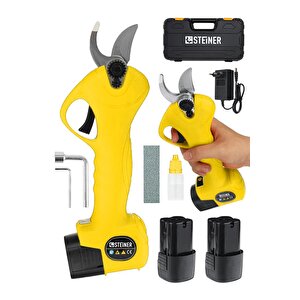 Alman 128 Vf 10 Ah Kömürsüz Motor Akülü Bağ Makası Dal Budama Kesme Makası Makinesi Çantalı Sarı