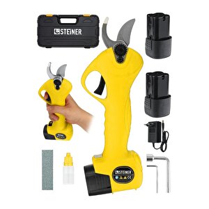 Alman 128 Vf 10 Ah Kömürsüz Motor Akülü Bağ Makası Dal Budama Kesme Makası Makinesi Çantalı Sarı
