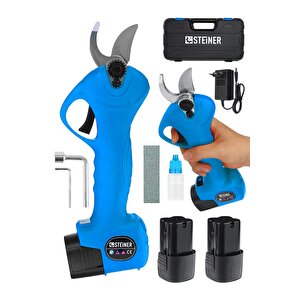 Alman 128 Vf 10 Ah Kömürsüz Motor Akülü Bağ Makası Dal Budama Kesme Makası Makinesi Çantalı Mavi