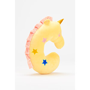 Unicorn Karakterli Simli Nakışlı Eğlenceli Boyun Sırt Yastığı Sarı 31 X 27 X 9 Cm