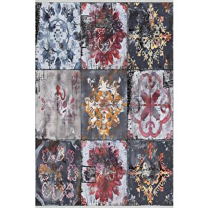 Pamuk Dokuma Taban Halı – Siyah; Gri; Kırmızı; Sarı; Pembe – Patchwork Ve Floral Desen, Makinede Yıkanabilir, Kolay Temizlenebilir, Toz Ve Tüy Tutmaz, Kaymaz, Evcil Hayvan Dostu 200x270 cm