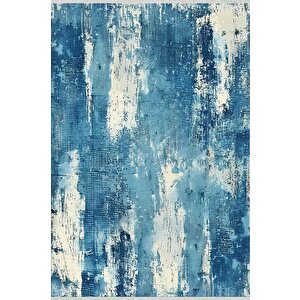 Pamuk Dokuma Taban Halı – Mavi; Krem – Soyut Desen, Makinede Yıkanabilir, Kolay Temizlenebilir, Toz Ve Tüy Tutmaz, Kaymaz, Evcil Hayvan Dostu 150x240 cm