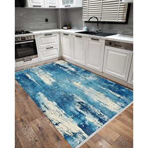 Pamuk Dokuma Taban Halı – Mavi; Krem – Soyut Desen, Makinede Yıkanabilir, Kolay Temizlenebilir, Toz Ve Tüy Tutmaz, Kaymaz, Evcil Hayvan Dostu 150x240 cm