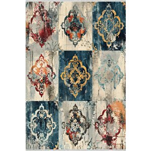 Pamuk Dokuma Taban Halı – Lacivert; Krem; Kırmızı; Sarı; Turuncu – Patchwork Ve Oriental Desen, Makinede Yıkanabilir, Kolay Temizlenebilir, Toz Ve Tüy Tutmaz, Kaymaz, Evcil Hayvan Dostu