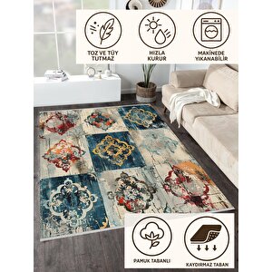 Pamuk Dokuma Taban Halı – Lacivert; Krem; Kırmızı; Sarı; Turuncu – Patchwork Ve Oriental Desen, Makinede Yıkanabilir, Kolay Temizlenebilir, Toz Ve Tüy Tutmaz, Kaymaz, Evcil Hayvan Dostu