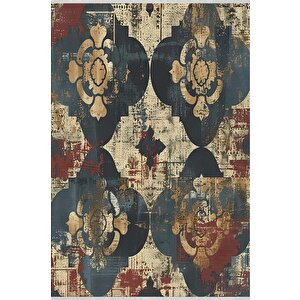 Pamuk Dokuma Taban Halı – Lacivert; Krem; Kırmızı; Sarı – Geometric Shapes Ve Vintage Look Desen, Makinede Yıkanabilir, Kolay Temizlenebilir, Toz Ve Tüy Tutmaz, Kaymaz, Evcil Hayvan Dostu