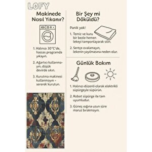 Pamuk Dokuma Taban Halı – Lacivert; Krem; Kırmızı; Sarı – Geometric Shapes Ve Vintage Look Desen, Makinede Yıkanabilir, Kolay Temizlenebilir, Toz Ve Tüy Tutmaz, Kaymaz, Evcil Hayvan Dostu
