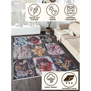 Pamuk Dokuma Taban Halı – Siyah; Gri; Kırmızı; Sarı; Pembe – Patchwork Ve Floral Desen, Makinede Yıkanabilir, Kolay Temizlenebilir, Toz Ve Tüy Tutmaz, Kaymaz, Evcil Hayvan Dostu