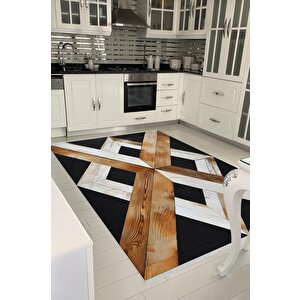 Pamuk Dokuma Taban Halı – Siyah; Kahverengi; Krem – Geometrik Ve Ahşap Desen, Makinede Yıkanabilir, Kolay Temizlenebilir, Toz Ve Tüy Tutmaz, Kaymaz, Evcil Hayvan Dostu 80x150 cm