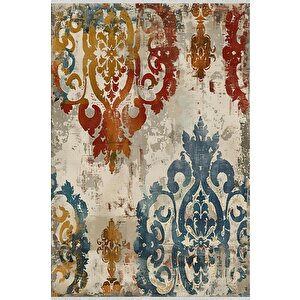 Pamuk Dokuma Taban Halı – Krem; Kırmızı; Turuncu; Mavi; Sarı – Oriental Desen, Makinede Yıkanabilir, Kolay Temizlenebilir, Toz Ve Tüy Tutmaz, Kaymaz, Evcil Hayvan Dostu 180x200 cm