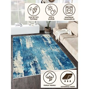 Pamuk Dokuma Taban Halı – Mavi; Krem – Soyut Desen, Makinede Yıkanabilir, Kolay Temizlenebilir, Toz Ve Tüy Tutmaz, Kaymaz, Evcil Hayvan Dostu
