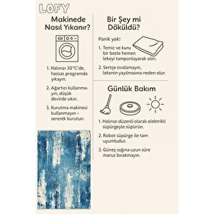 Pamuk Dokuma Taban Halı – Mavi; Krem – Soyut Desen, Makinede Yıkanabilir, Kolay Temizlenebilir, Toz Ve Tüy Tutmaz, Kaymaz, Evcil Hayvan Dostu