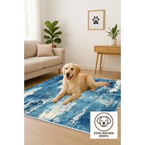 Pamuk Dokuma Taban Halı – Mavi; Krem – Soyut Desen, Makinede Yıkanabilir, Kolay Temizlenebilir, Toz Ve Tüy Tutmaz, Kaymaz, Evcil Hayvan Dostu