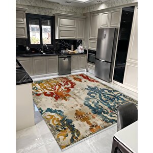 Pamuk Dokuma Taban Halı – Krem; Kırmızı; Turuncu; Mavi; Sarı – Oriental Desen, Makinede Yıkanabilir, Kolay Temizlenebilir, Toz Ve Tüy Tutmaz, Kaymaz, Evcil Hayvan Dostu