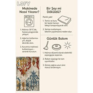 Pamuk Dokuma Taban Halı – Krem; Kırmızı; Turuncu; Mavi; Sarı – Oriental Desen, Makinede Yıkanabilir, Kolay Temizlenebilir, Toz Ve Tüy Tutmaz, Kaymaz, Evcil Hayvan Dostu