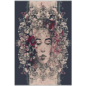 Pamuk Dokuma Taban Halı – Lacivert; Krem; Pembe – Sanatsal Desen, Makinede Yıkanabilir, Kolay Temizlenebilir, Toz Ve Tüy Tutmaz, Kaymaz, Evcil Hayvan Dostu 150x300 cm