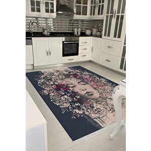Pamuk Dokuma Taban Halı – Lacivert; Krem; Pembe – Sanatsal Desen, Makinede Yıkanabilir, Kolay Temizlenebilir, Toz Ve Tüy Tutmaz, Kaymaz, Evcil Hayvan Dostu 150x300 cm