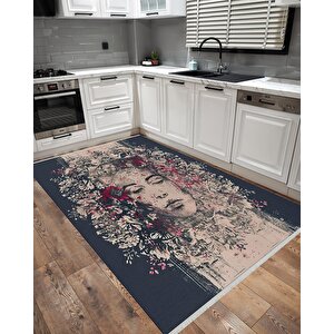 Pamuk Dokuma Taban Halı – Lacivert; Krem; Pembe – Sanatsal Desen, Makinede Yıkanabilir, Kolay Temizlenebilir, Toz Ve Tüy Tutmaz, Kaymaz, Evcil Hayvan Dostu 150x300 cm