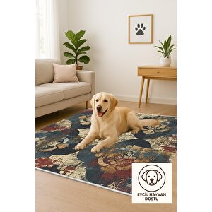 Pamuk Dokuma Taban Halı – Lacivert; Krem; Kırmızı; Sarı – Geometric Shapes Ve Vintage Look Desen, Makinede Yıkanabilir, Kolay Temizlenebilir, Toz Ve Tüy Tutmaz, Kaymaz, Evcil Hayvan Dostu 160x350 cm