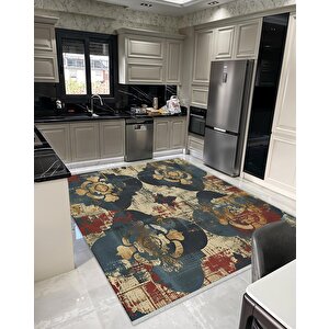 Pamuk Dokuma Taban Halı – Lacivert; Krem; Kırmızı; Sarı – Geometric Shapes Ve Vintage Look Desen, Makinede Yıkanabilir, Kolay Temizlenebilir, Toz Ve Tüy Tutmaz, Kaymaz, Evcil Hayvan Dostu