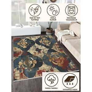 Pamuk Dokuma Taban Halı – Lacivert; Krem; Kırmızı; Sarı – Geometric Shapes Ve Vintage Look Desen, Makinede Yıkanabilir, Kolay Temizlenebilir, Toz Ve Tüy Tutmaz, Kaymaz, Evcil Hayvan Dostu