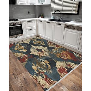 Pamuk Dokuma Taban Halı – Lacivert; Krem; Kırmızı; Sarı – Geometric Shapes Ve Vintage Look Desen, Makinede Yıkanabilir, Kolay Temizlenebilir, Toz Ve Tüy Tutmaz, Kaymaz, Evcil Hayvan Dostu