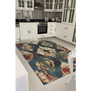 Pamuk Dokuma Taban Halı – Lacivert; Krem; Kırmızı; Sarı – Geometric Shapes Ve Vintage Look Desen, Makinede Yıkanabilir, Kolay Temizlenebilir, Toz Ve Tüy Tutmaz, Kaymaz, Evcil Hayvan Dostu