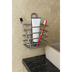 Krom Yapışkanlı Diş Fırçalık - Duvar Tipi, Çok Amaçlı Organizer - Paslanmaz Metal - Dş-01