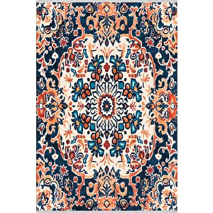 Pamuk Dokuma Taban Halı – Lacivert; Turuncu; Krem; Mavi – Oriental Desen, Makinede Yıkanabilir, Kolay Temizlenebilir, Toz Ve Tüy Tutmaz, Kaymaz, Evcil Hayvan Dostu 160x230 cm