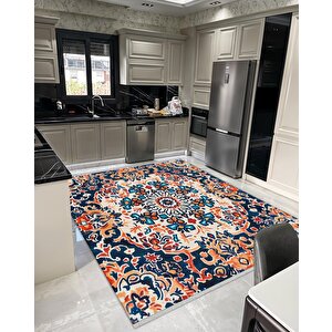 Pamuk Dokuma Taban Halı – Lacivert; Turuncu; Krem; Mavi – Oriental Desen, Makinede Yıkanabilir, Kolay Temizlenebilir, Toz Ve Tüy Tutmaz, Kaymaz, Evcil Hayvan Dostu 160x230 cm