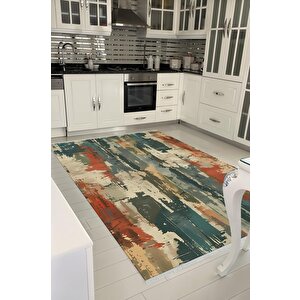 Pamuk Dokuma Taban Halı – Yeşil; Turuncu; Bej – Soyut Desen, Makinede Yıkanabilir, Kolay Temizlenebilir, Toz Ve Tüy Tutmaz, Kaymaz, Evcil Hayvan Dostu 100x180 cm