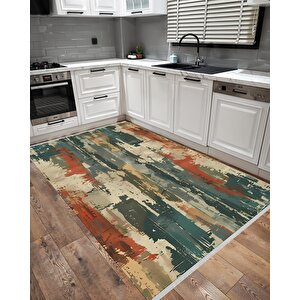 Pamuk Dokuma Taban Halı – Yeşil; Turuncu; Bej – Soyut Desen, Makinede Yıkanabilir, Kolay Temizlenebilir, Toz Ve Tüy Tutmaz, Kaymaz, Evcil Hayvan Dostu 100x180 cm