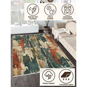 Pamuk Dokuma Taban Halı – Yeşil; Turuncu; Bej – Soyut Desen, Makinede Yıkanabilir, Kolay Temizlenebilir, Toz Ve Tüy Tutmaz, Kaymaz, Evcil Hayvan Dostu