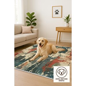 Pamuk Dokuma Taban Halı – Yeşil; Turuncu; Bej – Soyut Desen, Makinede Yıkanabilir, Kolay Temizlenebilir, Toz Ve Tüy Tutmaz, Kaymaz, Evcil Hayvan Dostu