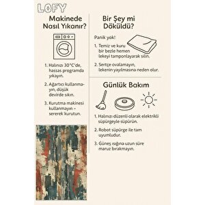 Pamuk Dokuma Taban Halı – Yeşil; Turuncu; Bej – Soyut Desen, Makinede Yıkanabilir, Kolay Temizlenebilir, Toz Ve Tüy Tutmaz, Kaymaz, Evcil Hayvan Dostu