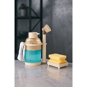 4 Parça Mutfak & Banyo Beyaz Temizlik Seti – Sıvı Sabunluk, Fırça, Havluluk & Süngerlik