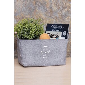 Keçe Tahta Saplı Düzenleyici Sepet - Çok Amaçlı Saklama Organizer Kutu Mega Gri 34x18x19 - 103693