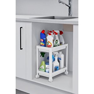 Flex Elite Pro 2 Katlı Beyaz Tekerlekli Çok Amaçlı Banyo & Mutfak Düzenleyici Raf - Evye Altı Deterjanlık