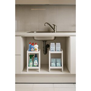 Flex Elite Pro 2 Katlı Beyaz Tekerlekli Çok Amaçlı Banyo & Mutfak Düzenleyici Raf - Evye Altı Deterjanlık