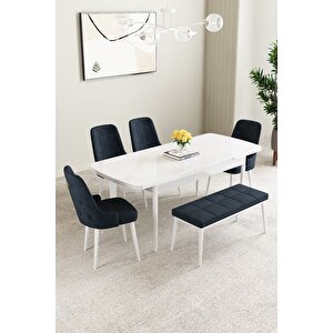 Mabel Beyaz 80x132 Açılabilir Mdf Masa Yemek Odası Takımı, Mutfak Takımı  4 Sandalye 1 Bench Antrasit