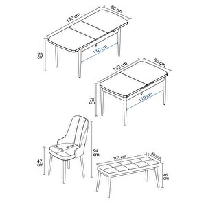 Mabel Beyaz 80x132 Açılabilir Mdf Masa Yemek Odası Takımı, Mutfak Takımı  4 Sandalye 1 Bench