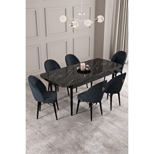 ​​​​​​​calvin Siyah Mermer Desen 80x132 Açılabilir Mdf Masa Yemek Odası Takımı, Mutfak Takımı 6 Adet Sandalye Antrasit