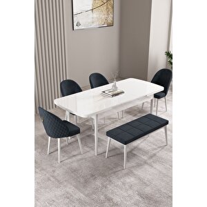 Milas Beyaz 80x132 Açılabilir Mdf Masa Yemek Odası Takımı, Mutfak Takımı 4 Sandalye, 1 Bench Antrasit