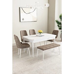 Mabel Beyaz 80x132 Açılabilir Mdf Masa Yemek Odası Takımı, Mutfak Takımı  4 Sandalye 1 Bench Cappuccino